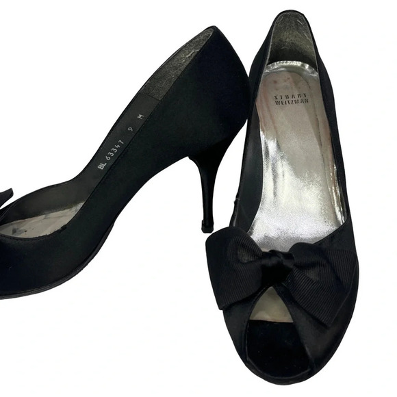 Stuart Weitzman Satin Open  Peep Toe High Heels Bow Accents | Black | Siz… - Picture 3 of 16